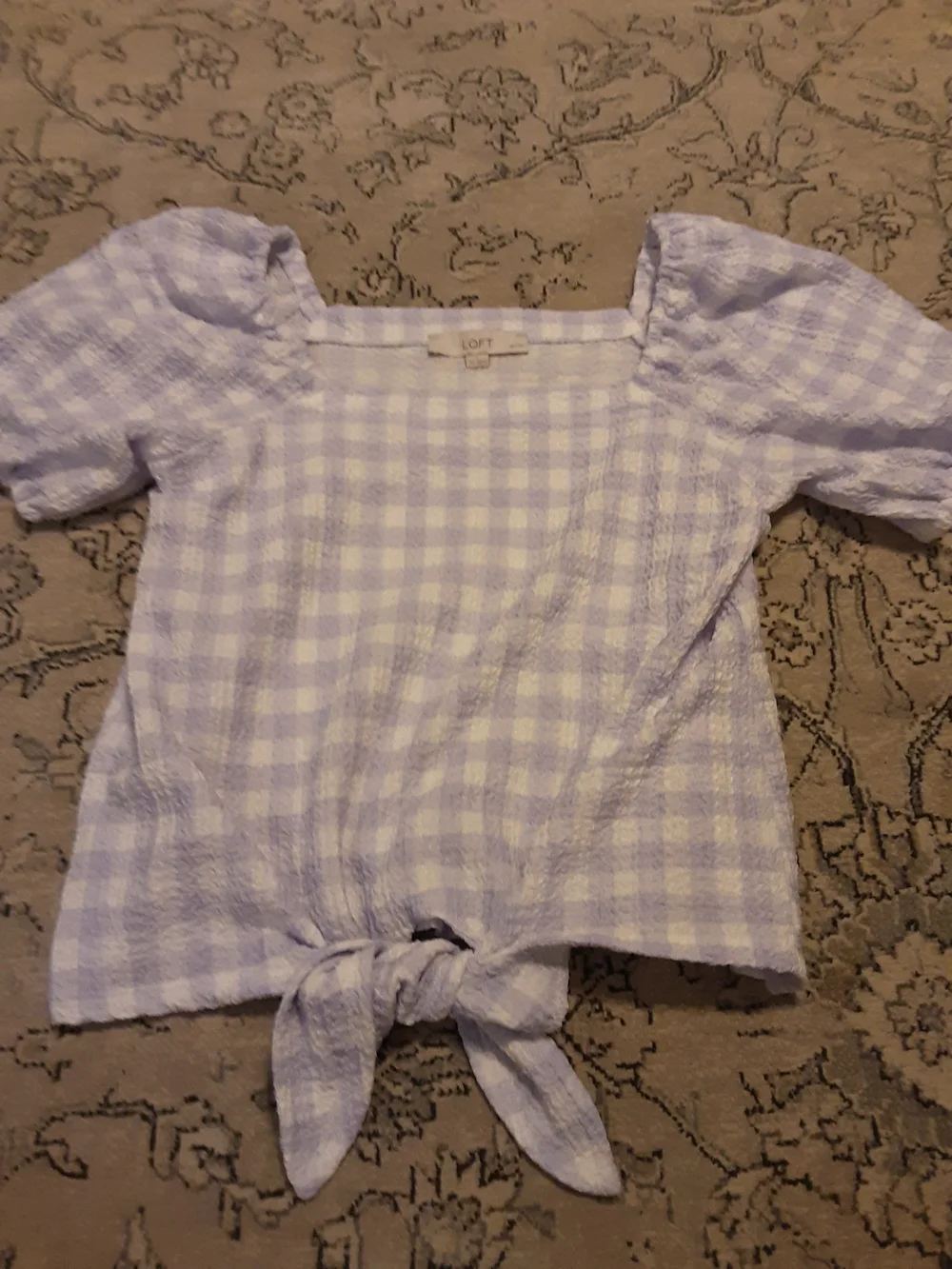 LOFT Lavender Gingham Tie-Front Puff Sleeve Top